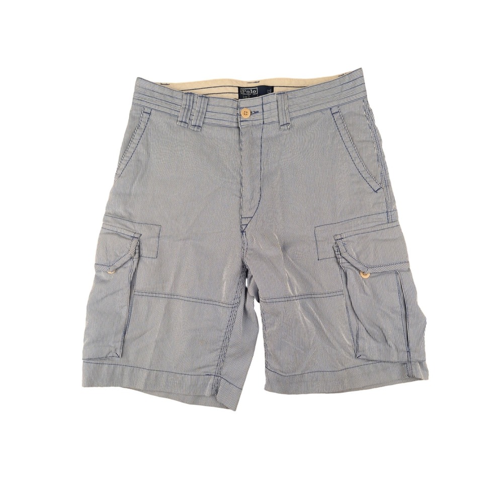 Polo Ralph Lauren Mens Blue White Pinstripe Cotton Cargo Shorts Size 33